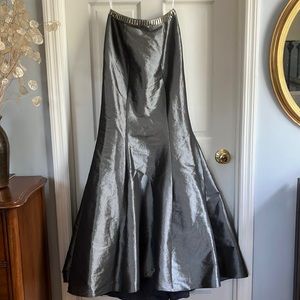 Rachel Allan formal evening gown metallic pewter color